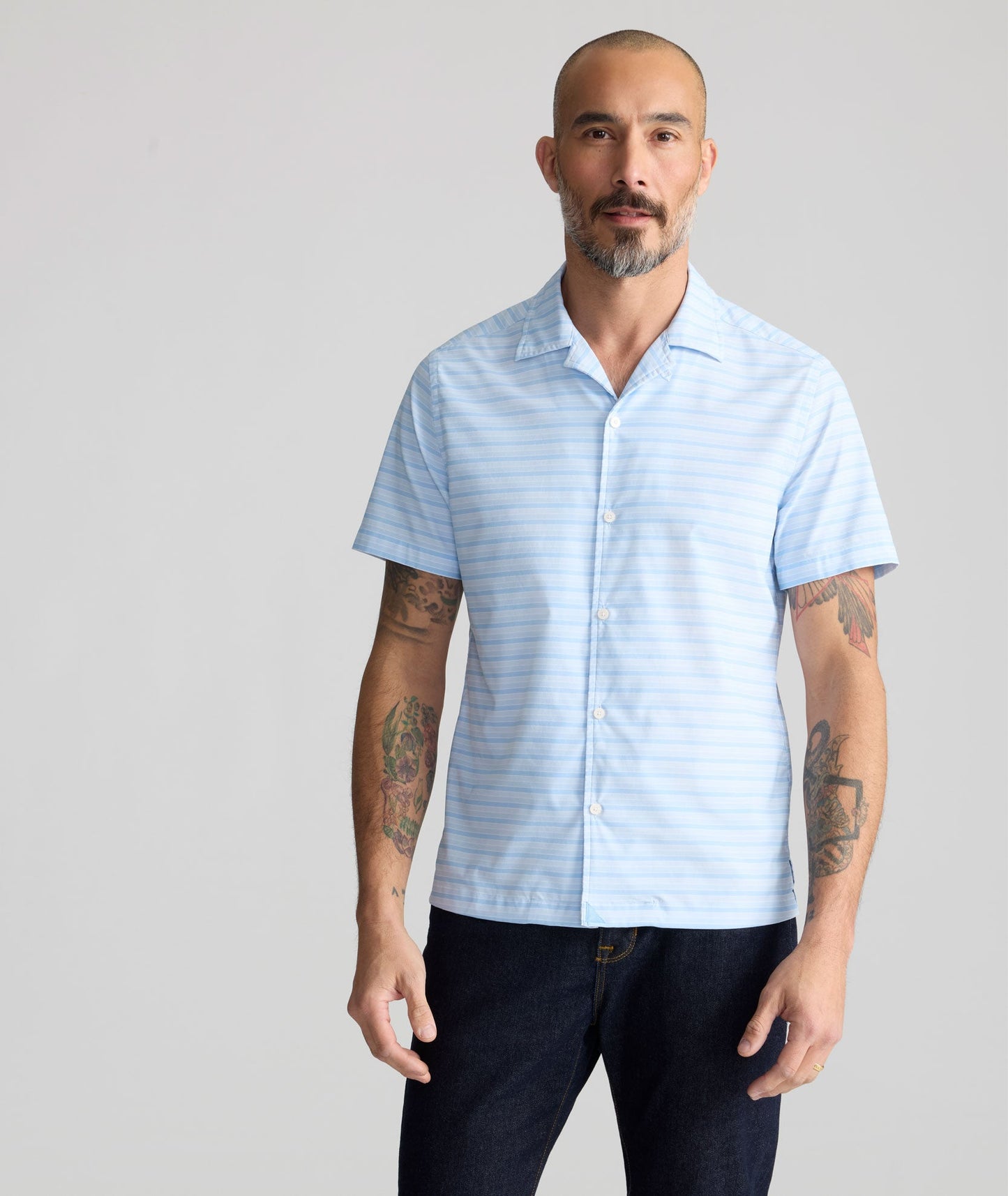 UNTUCKit Performance Short-Sleeve Camp Collar Shirt Blue Stripe