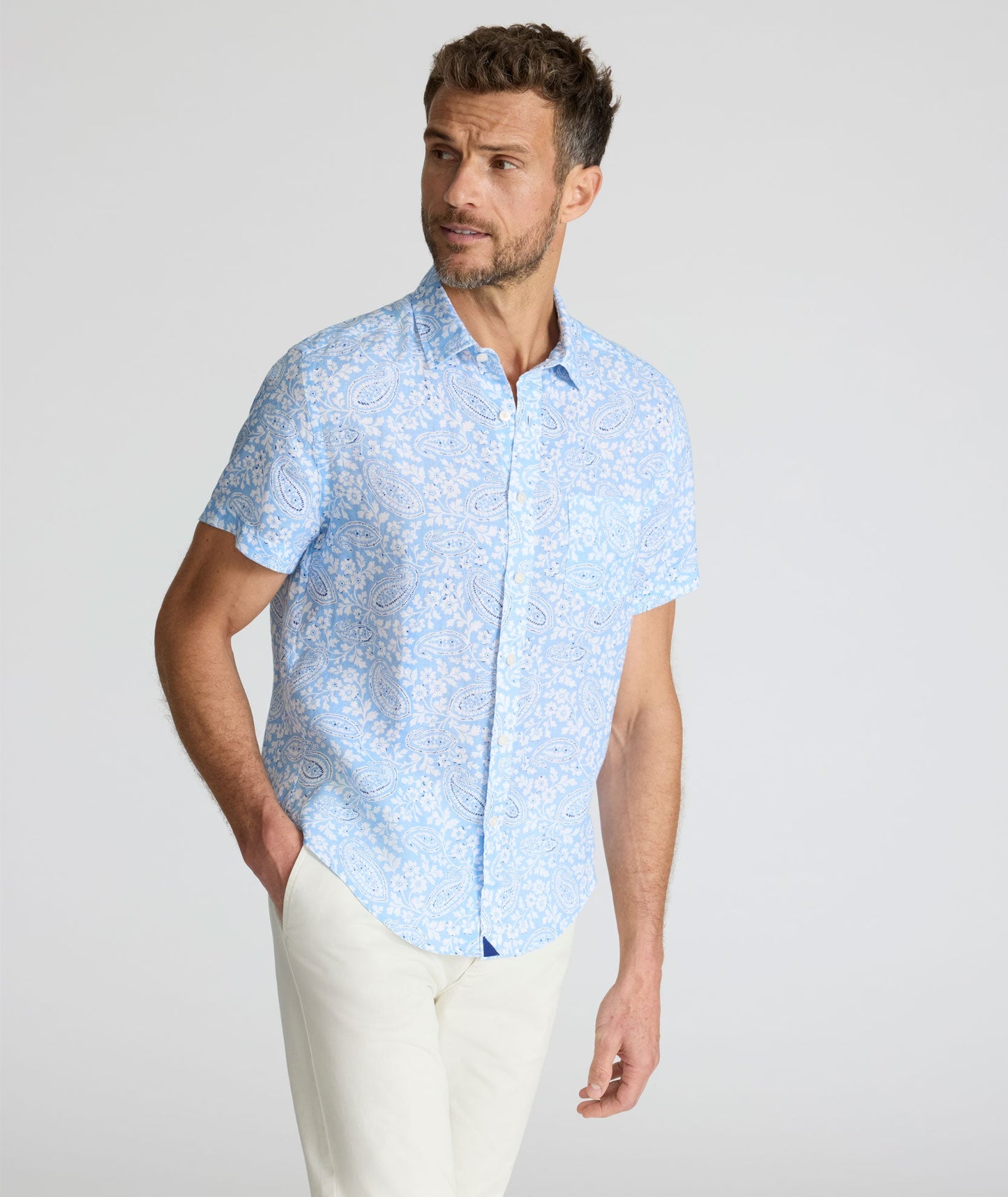 UNTUCKit Linen Short-Sleeve Turner Shirt Blue & White Paisley Print