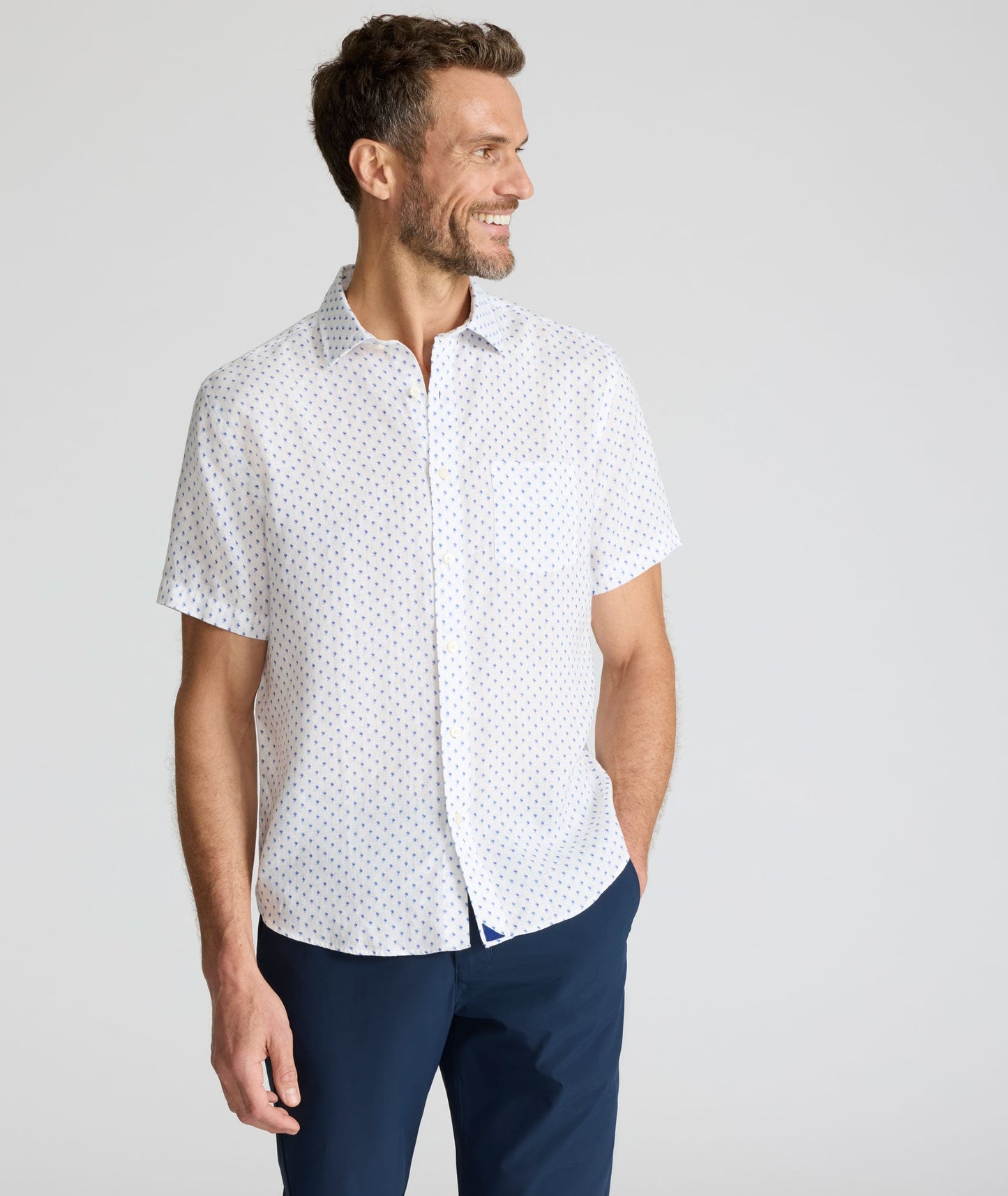 UNTUCKit Linen Short-Sleeve Dixon Shirt White & Blue Diamond Print