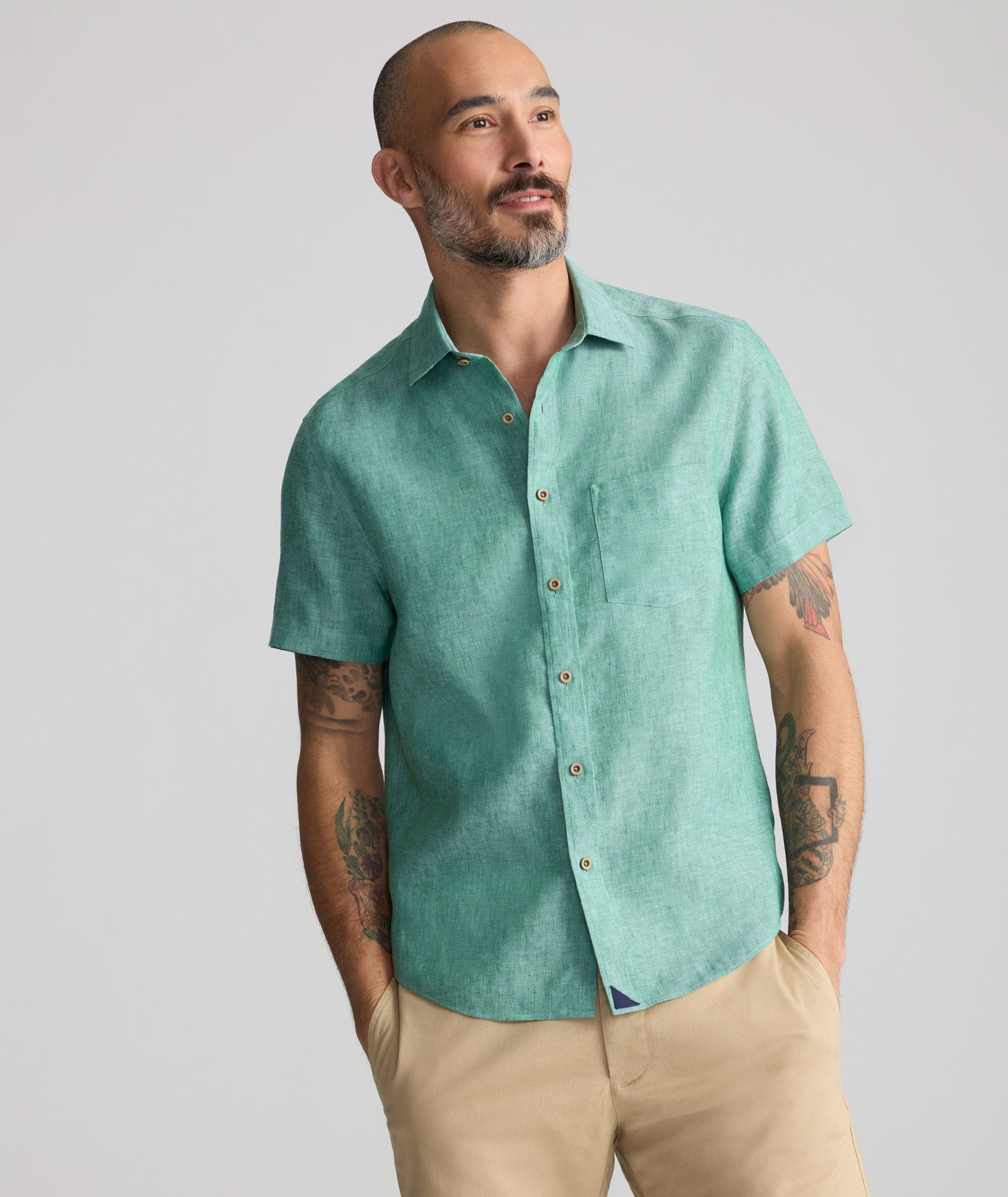 UNTUCKit Wrinkle-Resistant Linen Short-Sleeve Cameron Shirt Emerald Green
