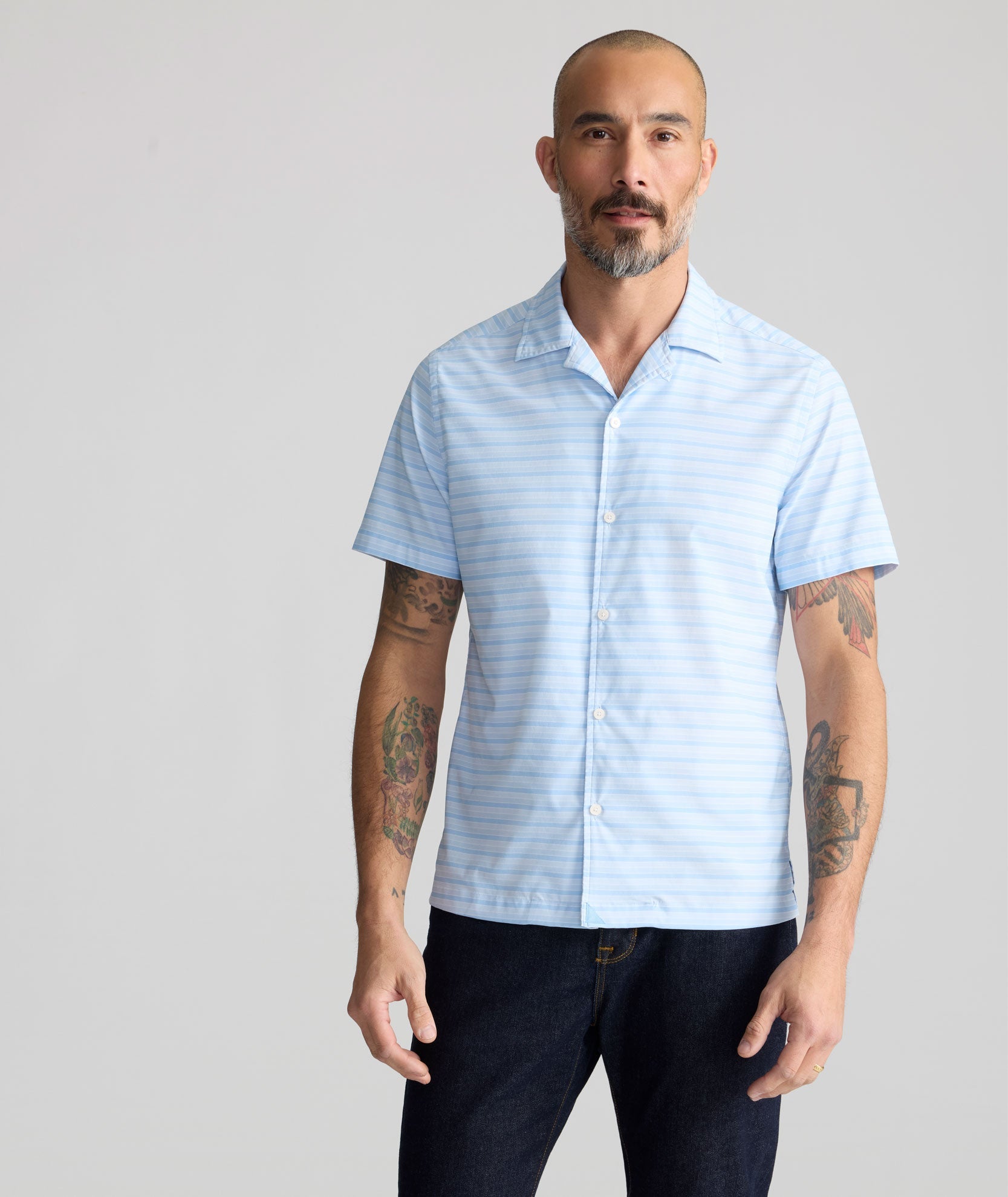 UNTUCKit Performance Short-Sleeve Camp Collar Shirt Blue Stripe