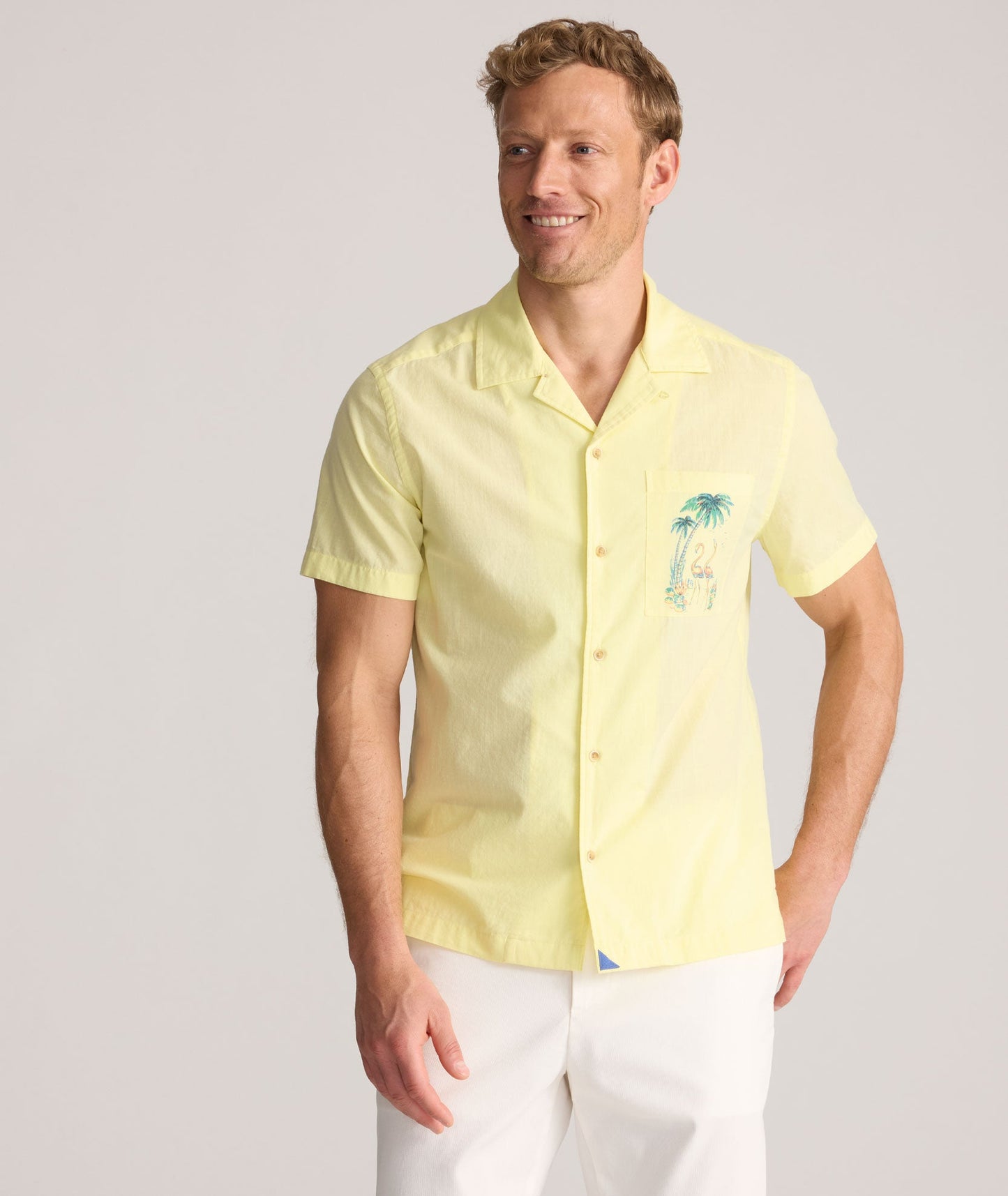 UNTUCKit Vintage Wash Short-Sleeve Camp Collar Shirt Yellow with Printed Pocket