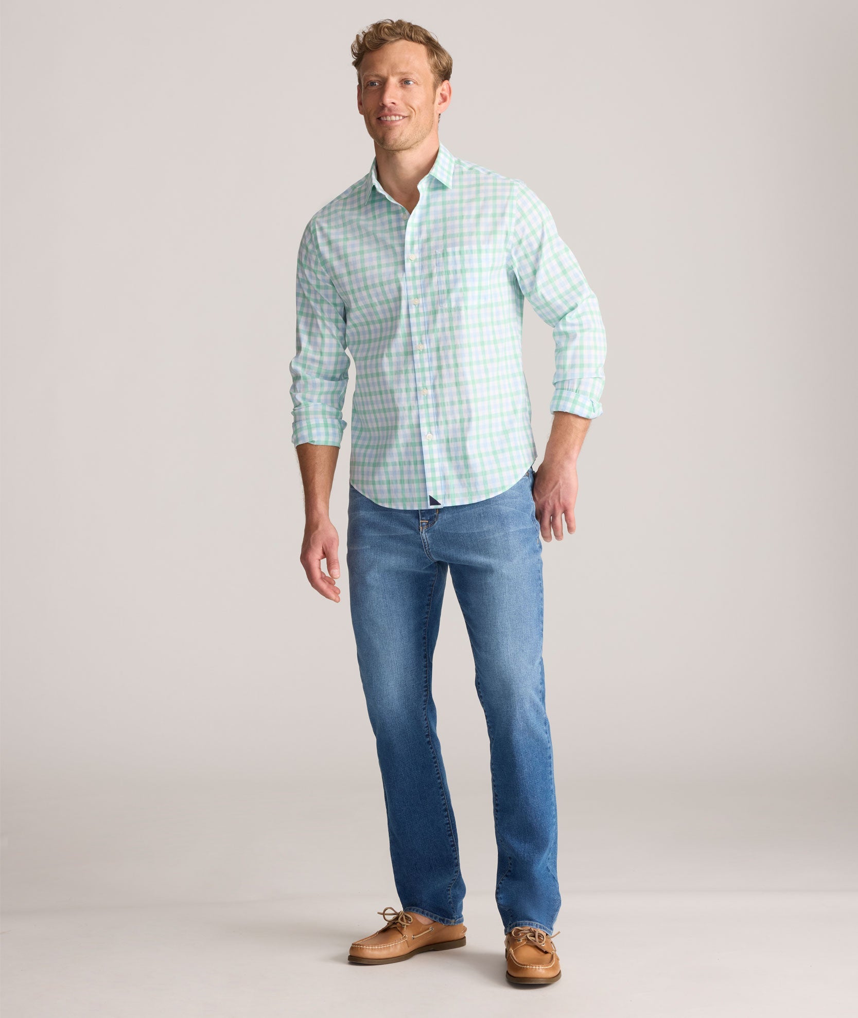UNTUCKit CottonTek™ Brachetto Shirt Light Blue & Green Check