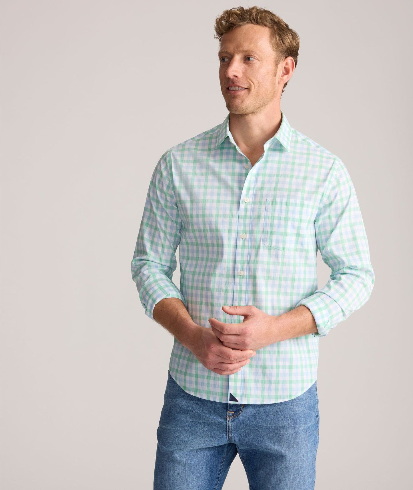 UNTUCKit CottonTek™ Brachetto Shirt Light Blue & Green Check