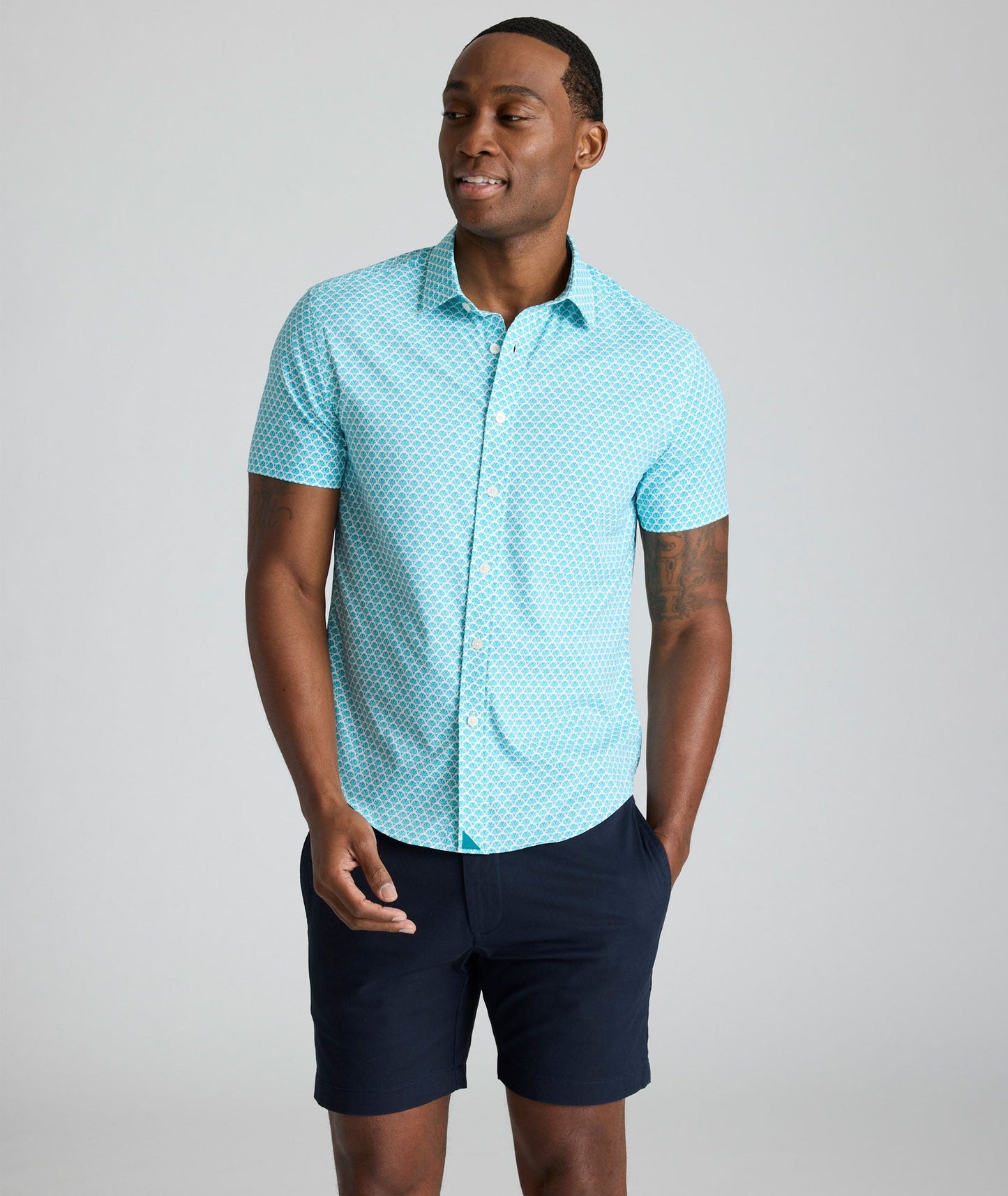 UNTUCKit Performance Short-Sleeve Abbott Shirt Teal Fan Print | Abbott