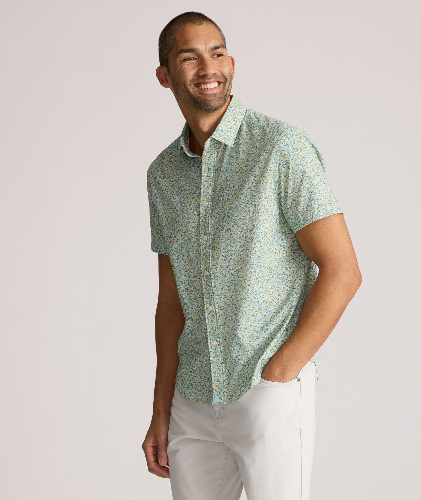 UNTUCKit Performance Short-Sleeve Yorke Shirt Yellow & Green Floral Print | Yorke