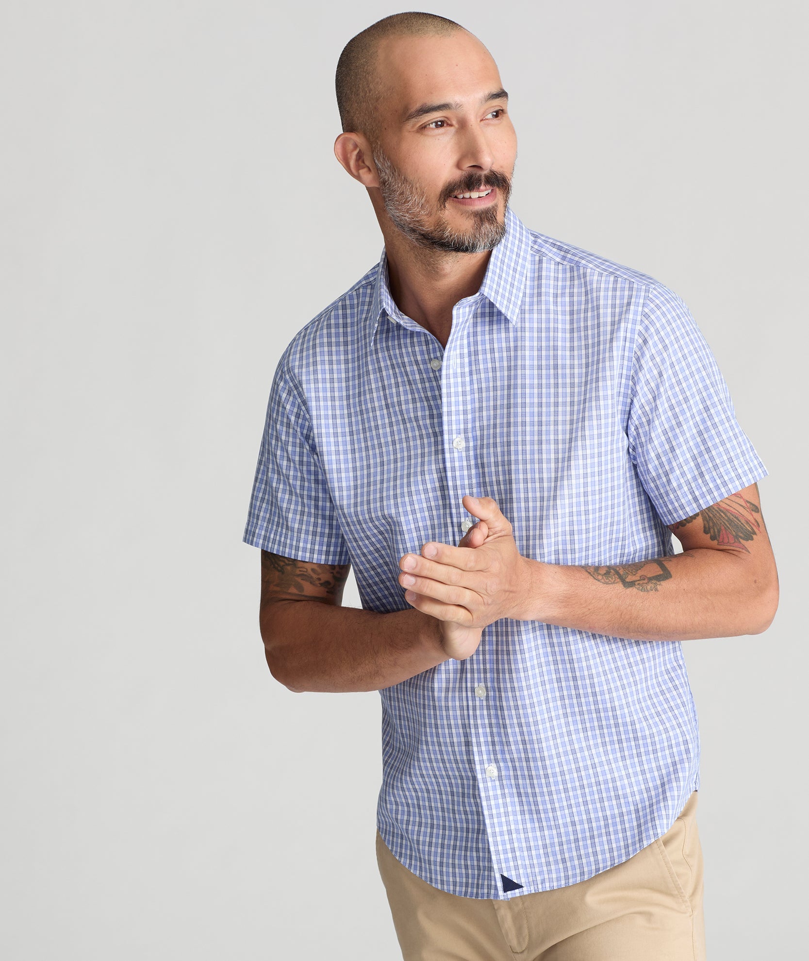 UNTUCKit Wrinkle-Free Short-Sleeve Dante Shirt Blue with Gray & White Check