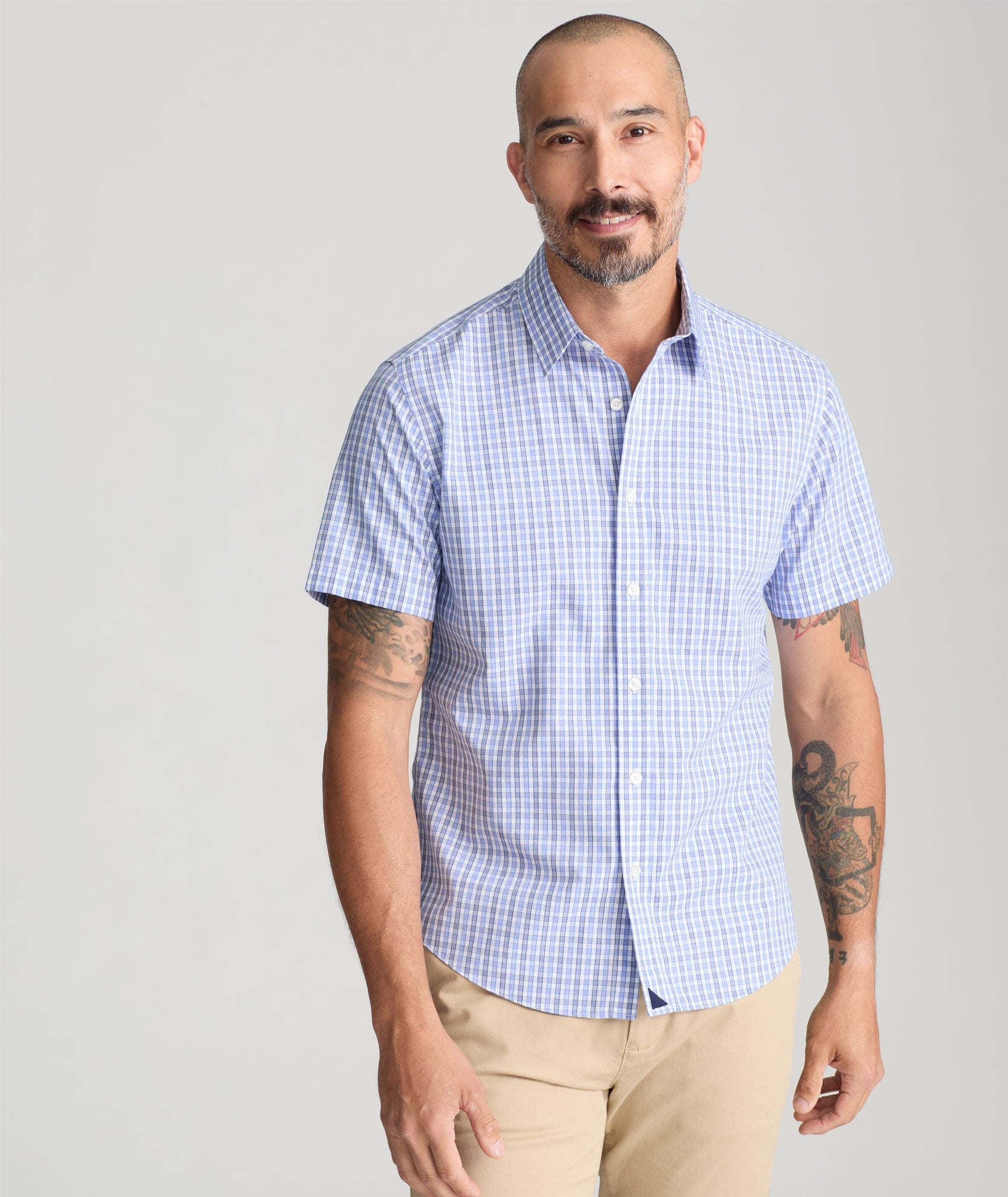 UNTUCKit Wrinkle-Free Short-Sleeve Dante Shirt Blue with Gray & White Check