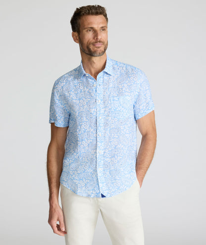 UNTUCKit Linen Short-Sleeve Turner Shirt Blue & White Paisley Print