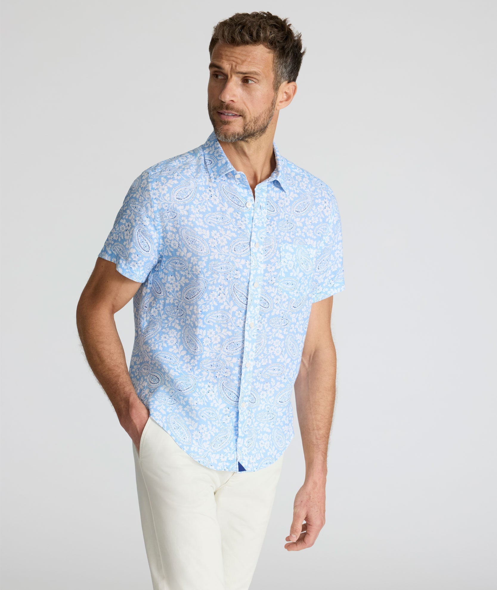 UNTUCKit Linen Short-Sleeve Turner Shirt Blue & White Paisley Print
