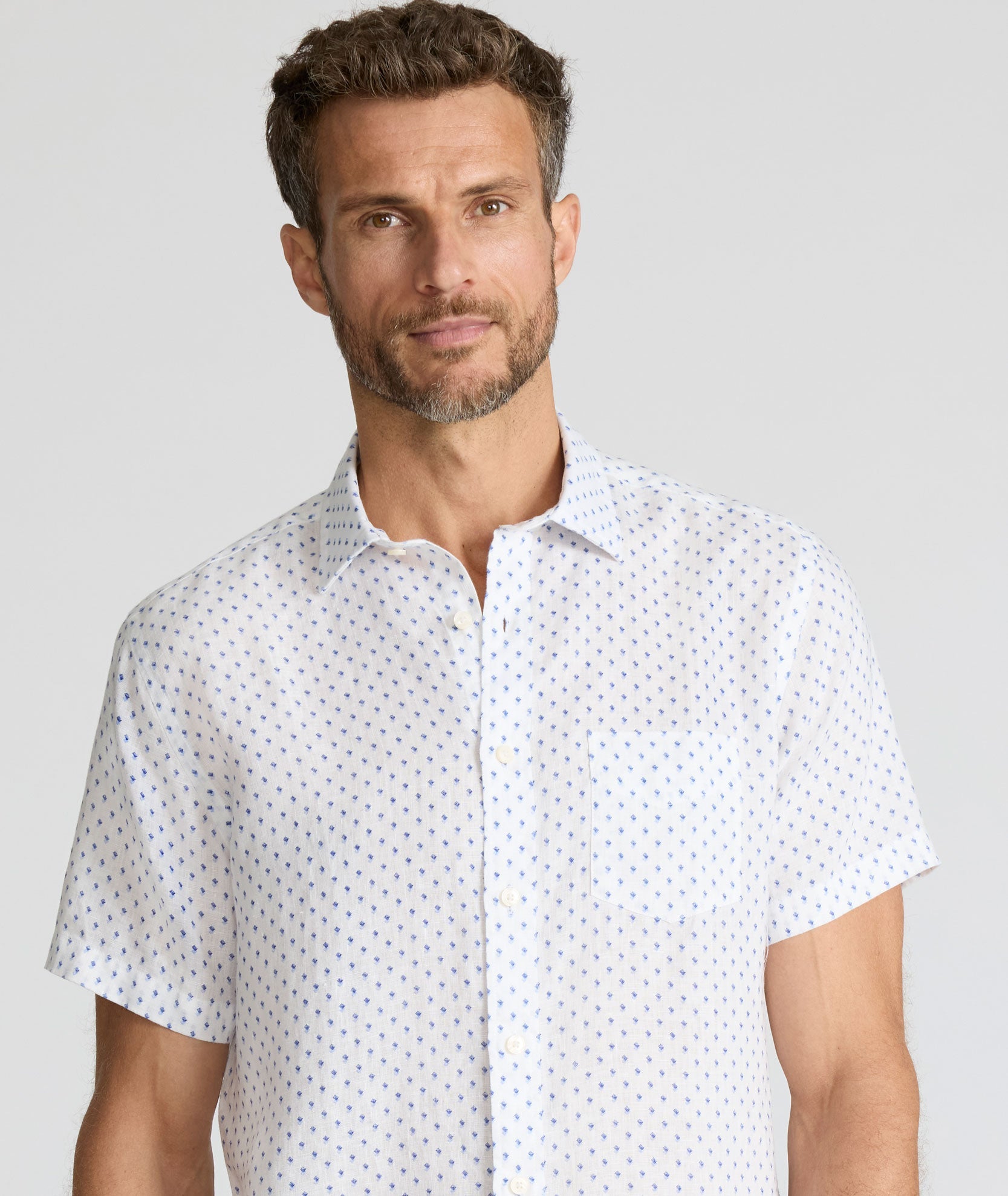 UNTUCKit Linen Short-Sleeve Dixon Shirt  White & Blue Diamond Print
