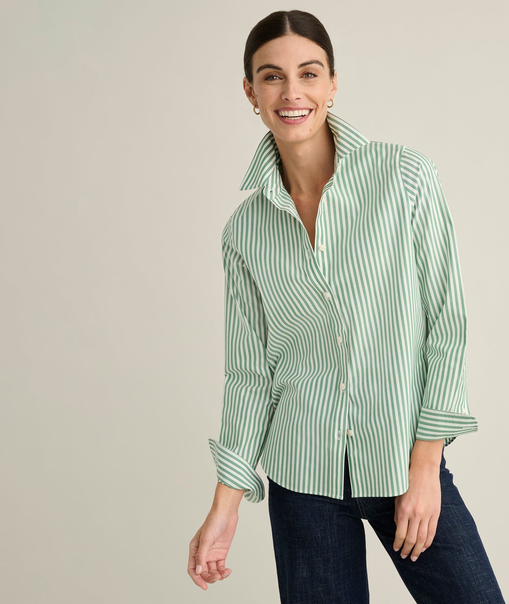 UNTUCKit Wrinkle-Free Classic Fit Isabella Shirt Green & White Stripe