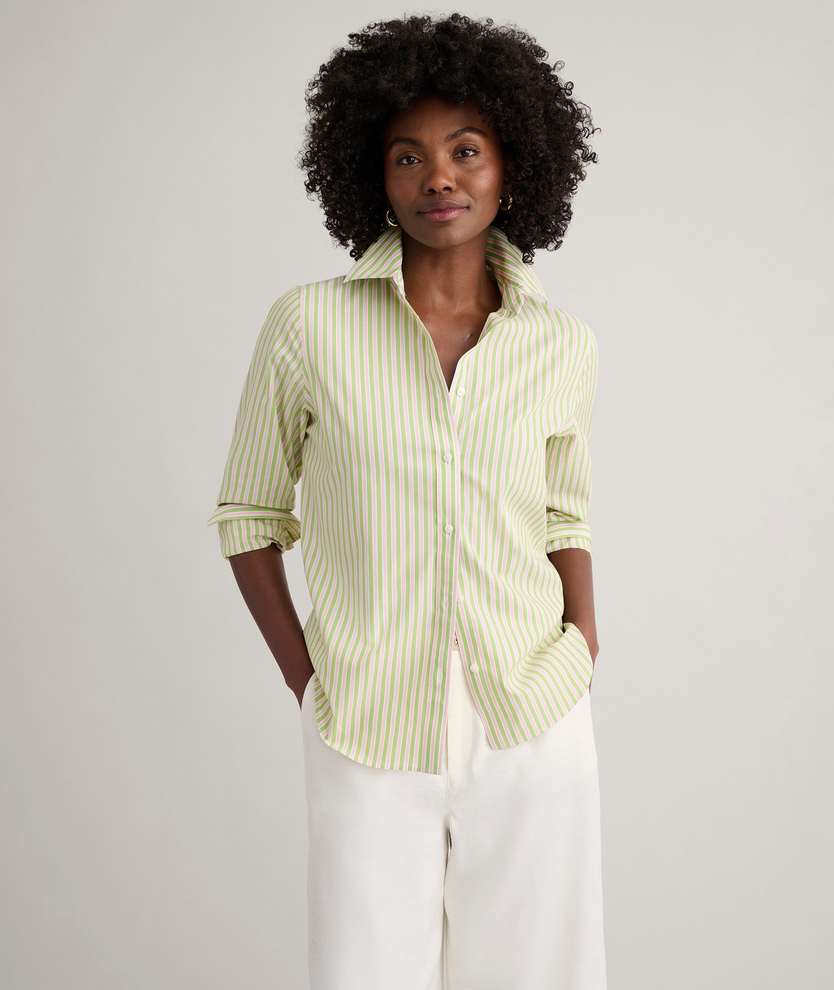 UNTUCKit Wrinkle-Free Stretch Cotton Classic Fit Isabella Shirt Green & Pink Stripe