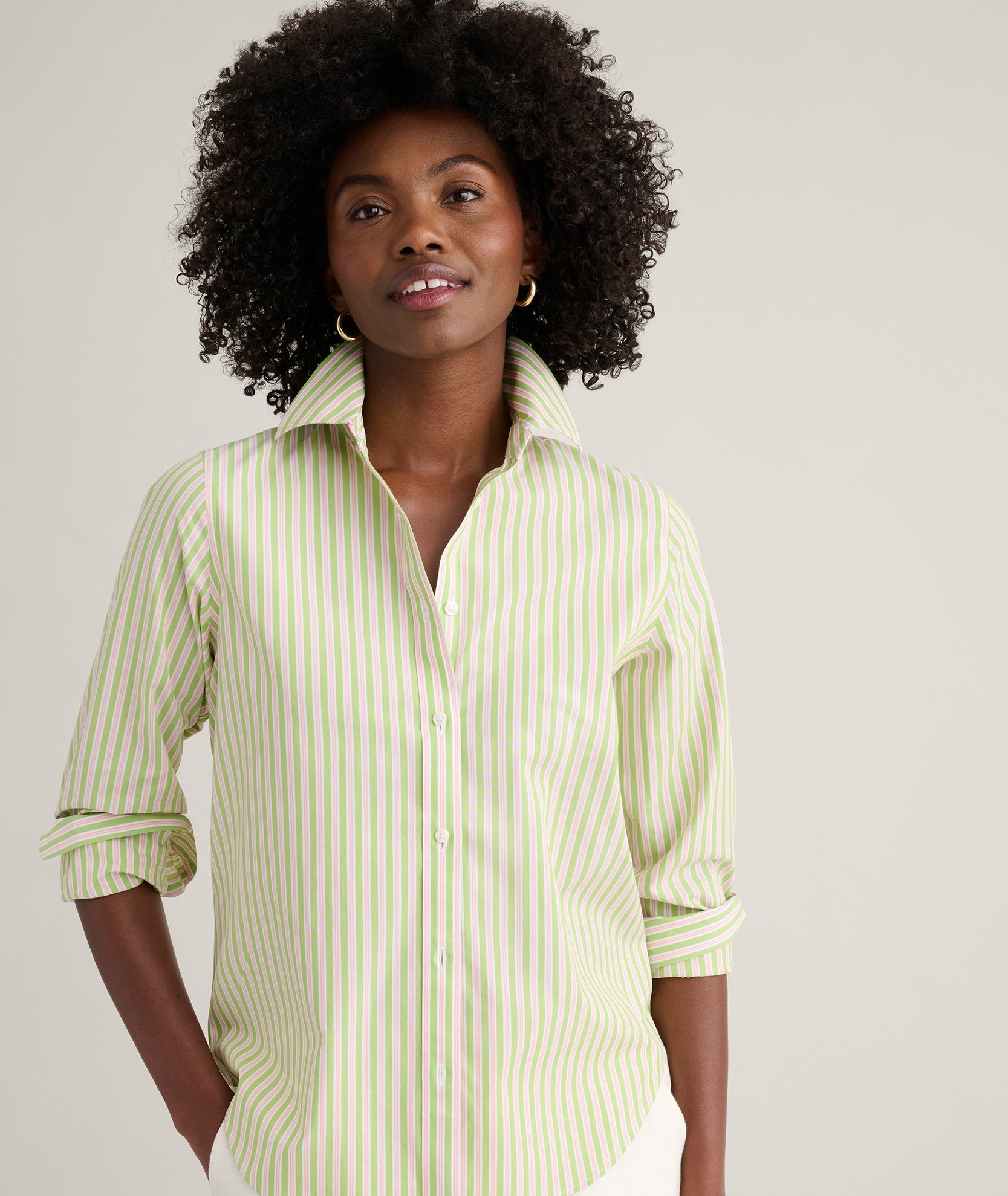 UNTUCKit Wrinkle-Free Stretch Cotton Classic Fit Isabella Shirt Green & Pink Stripe