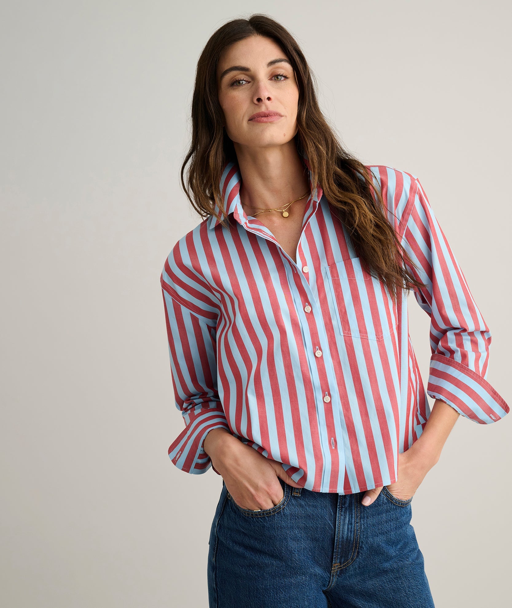 UNTUCKit Wrinkle-Free Untucked Fit Crosby Shirt Blue & Red Stripe