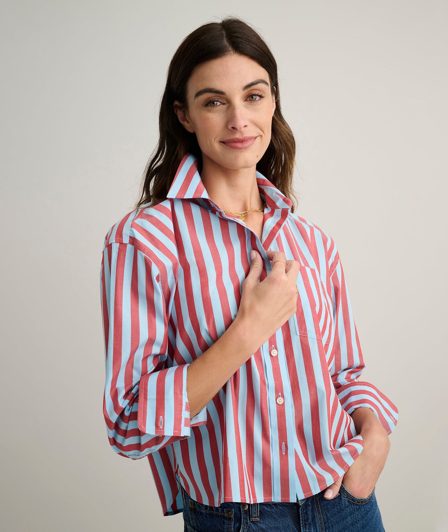 UNTUCKit Wrinkle-Free Untucked Fit Crosby Shirt Blue & Red Stripe