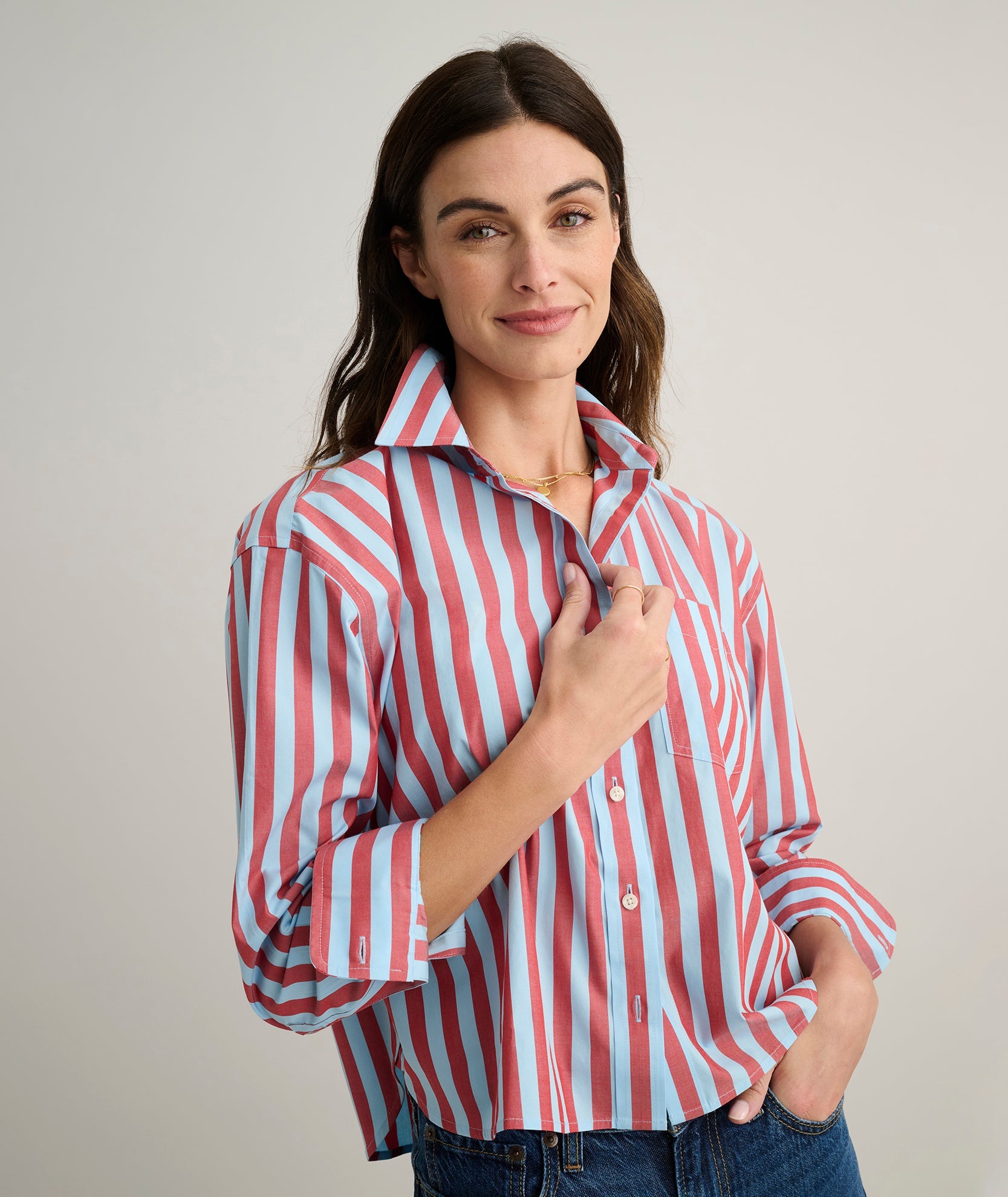 UNTUCKit Wrinkle-Free Untucked Fit Crosby Shirt Blue & Red Stripe