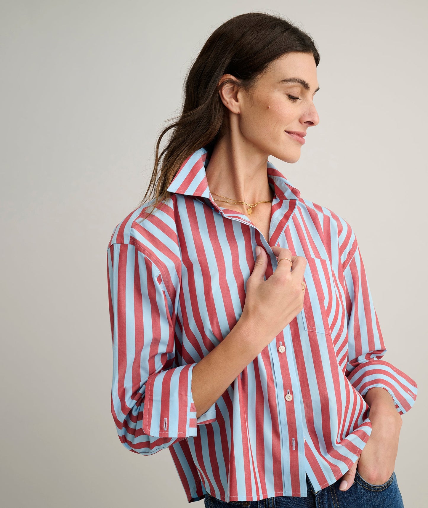 UNTUCKit Wrinkle-Free Untucked Fit Crosby Shirt Blue & Red Stripe