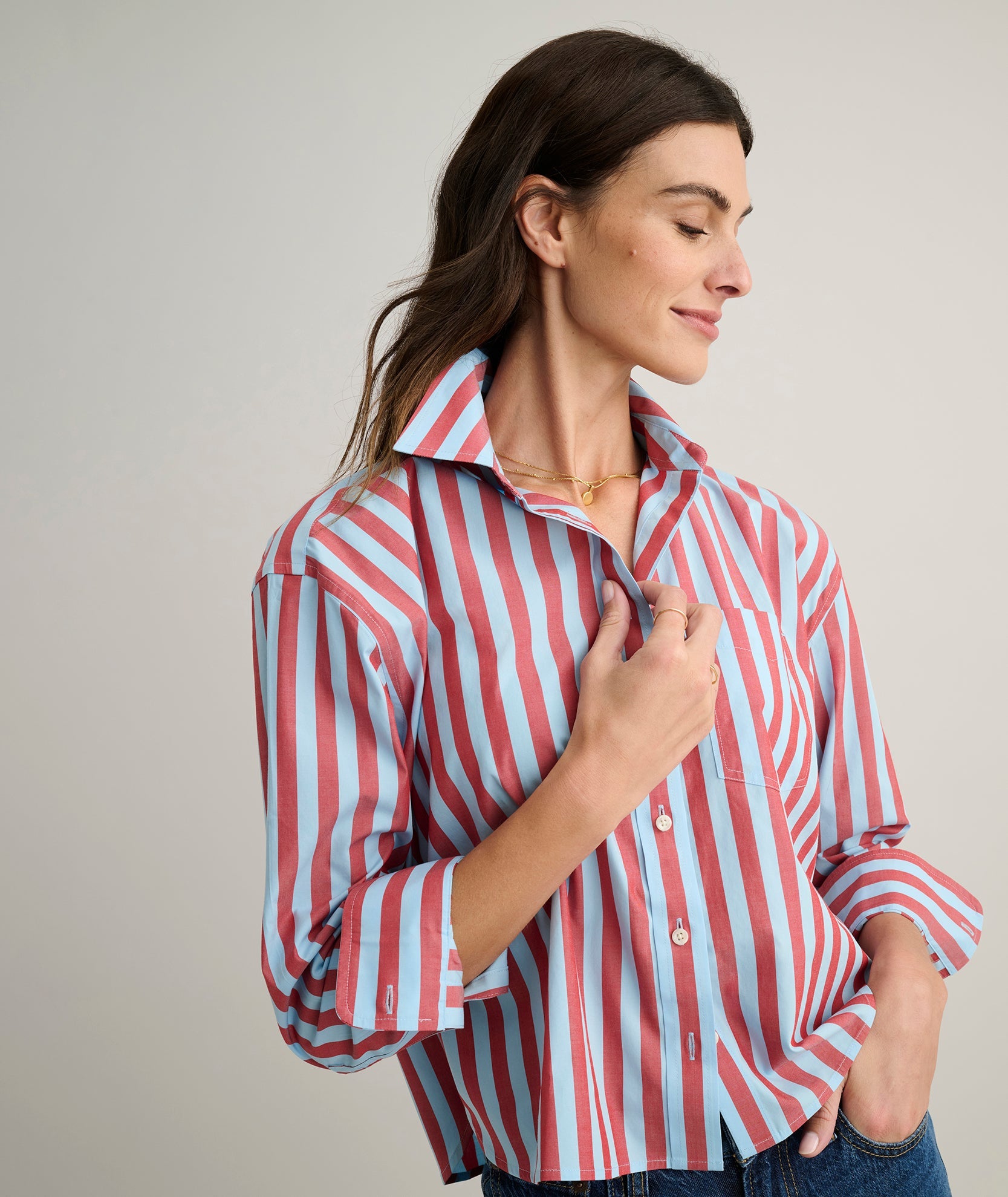 UNTUCKit Wrinkle-Free Untucked Fit Crosby Shirt Blue & Red Stripe