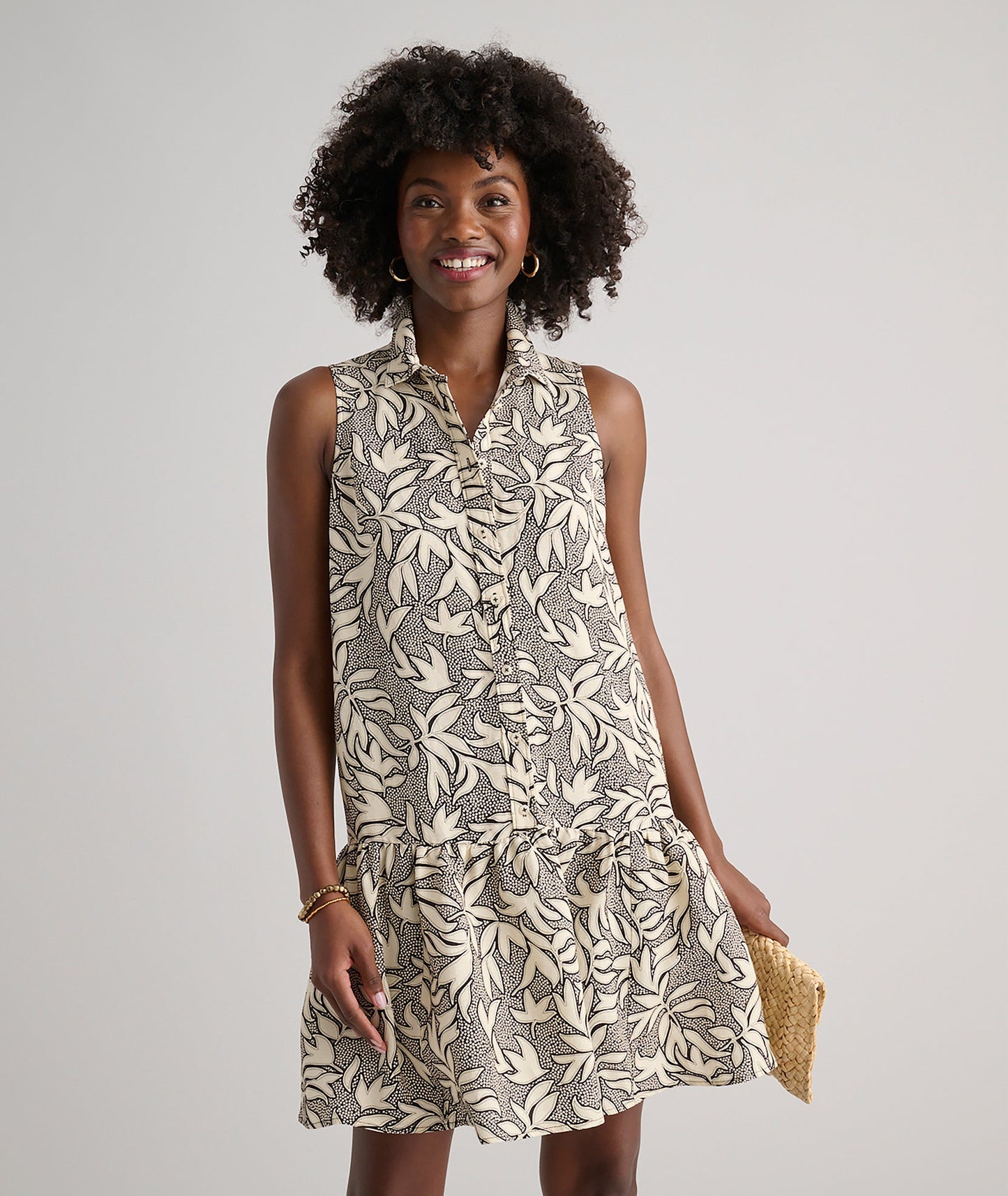 UNTUCKit Linen Blend Sleeveless Amara Dress Tan Leaf Print