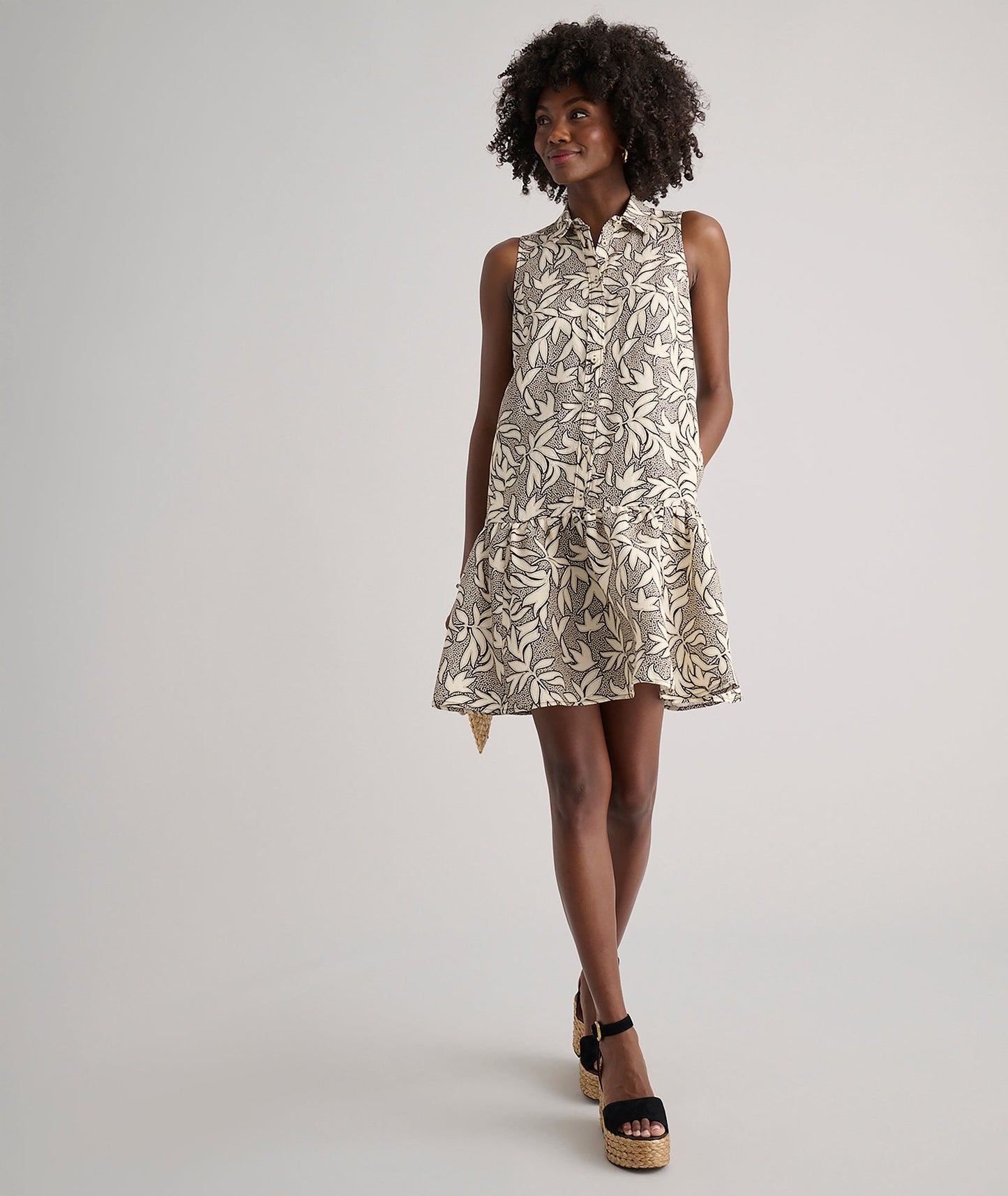 UNTUCKit Linen Blend Sleeveless Amara Dress Tan Leaf Print