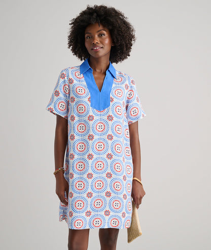 UNTUCKit Linen Blend Paola Tunic Dress Blue & White Tile Print