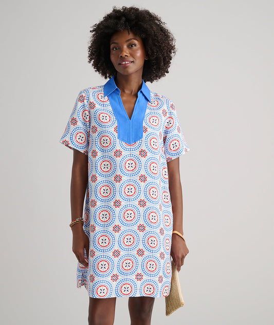 UNTUCKit Linen Blend Paola Tunic Dress Blue & White Tile Print