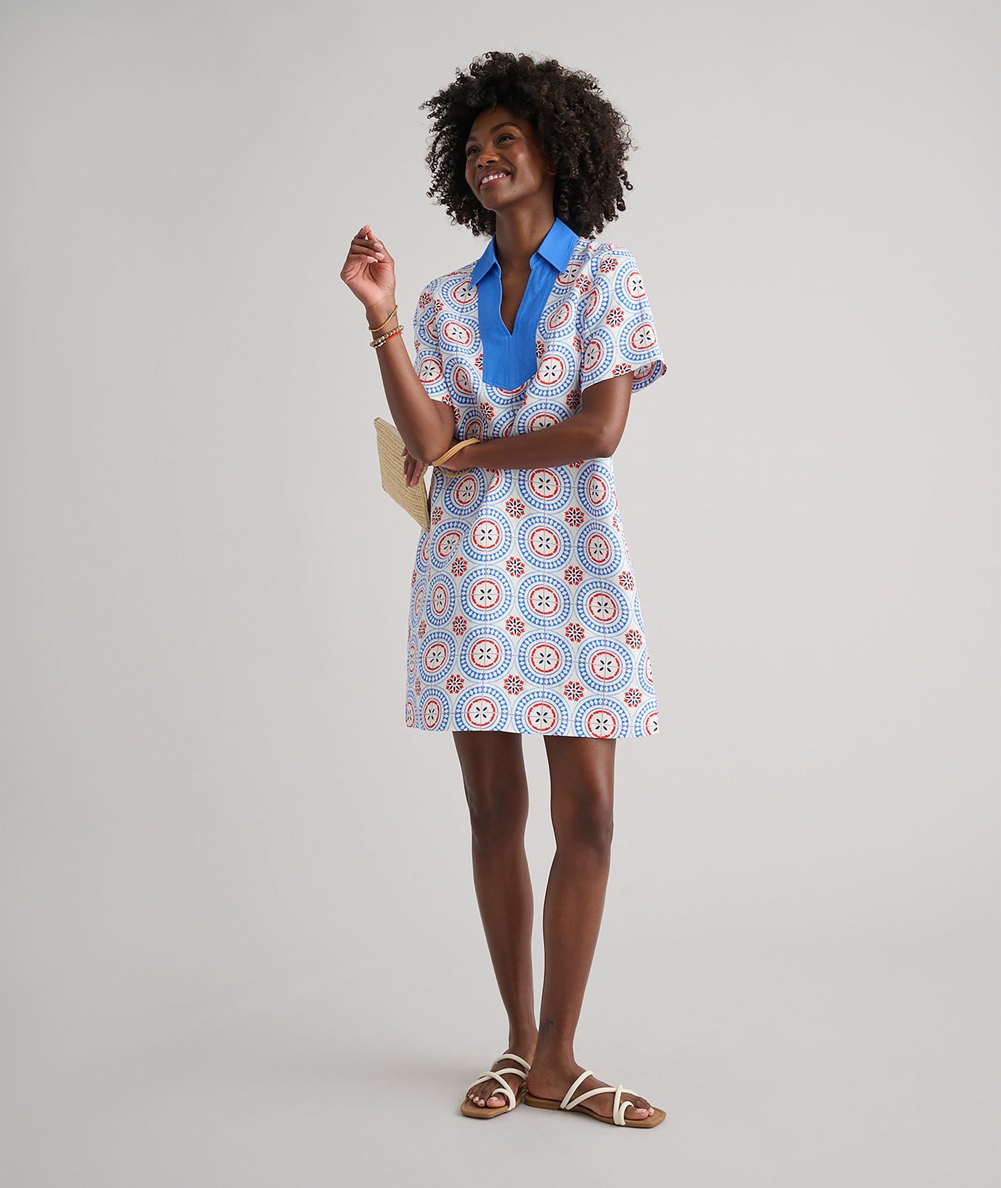 UNTUCKit Linen Blend Paola Tunic Dress Blue & White Tile Print