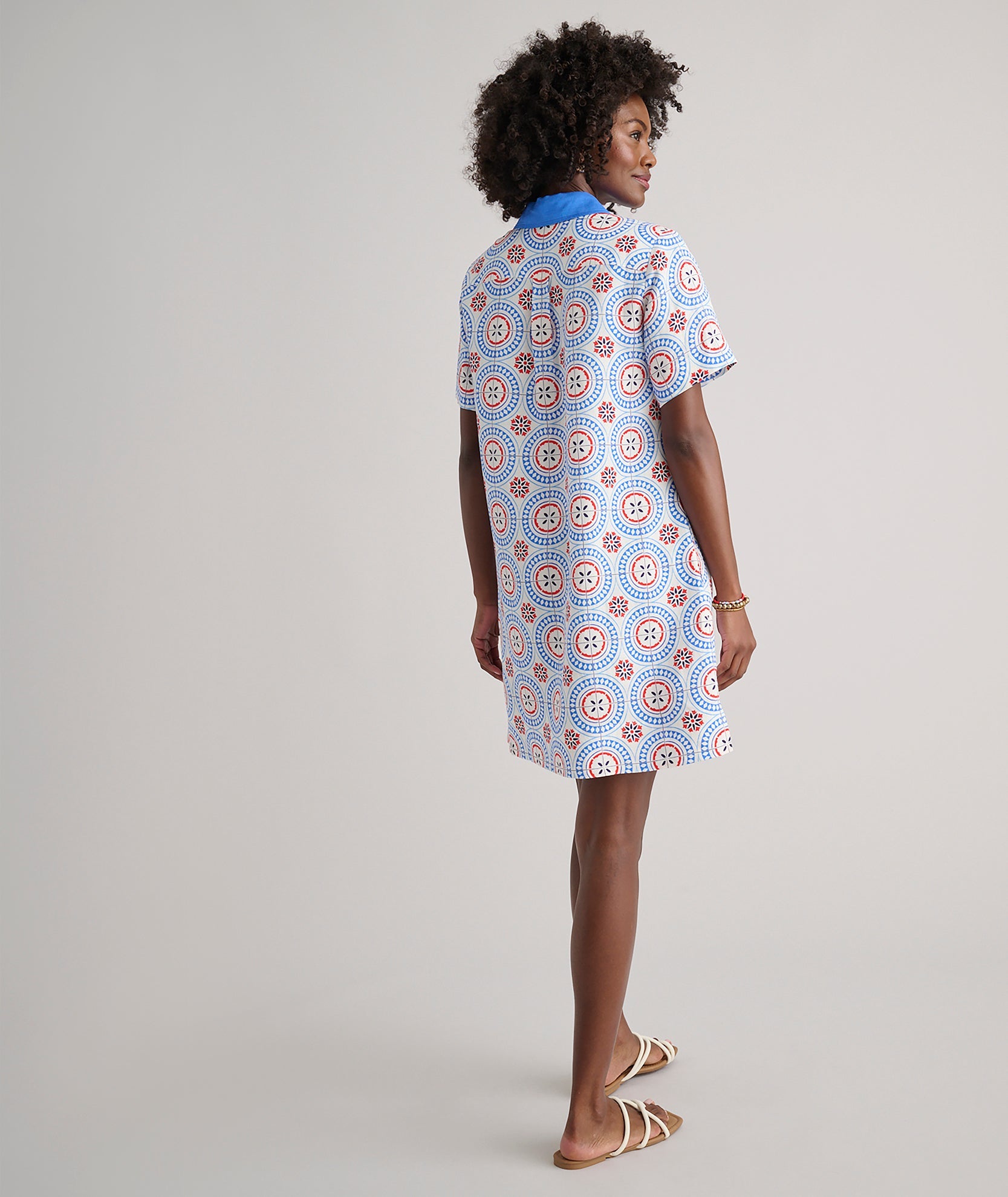 UNTUCKit Linen Blend Paola Tunic Dress Blue & White Tile Print