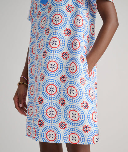 UNTUCKit Linen Blend Paola Tunic Dress Blue & White Tile Print