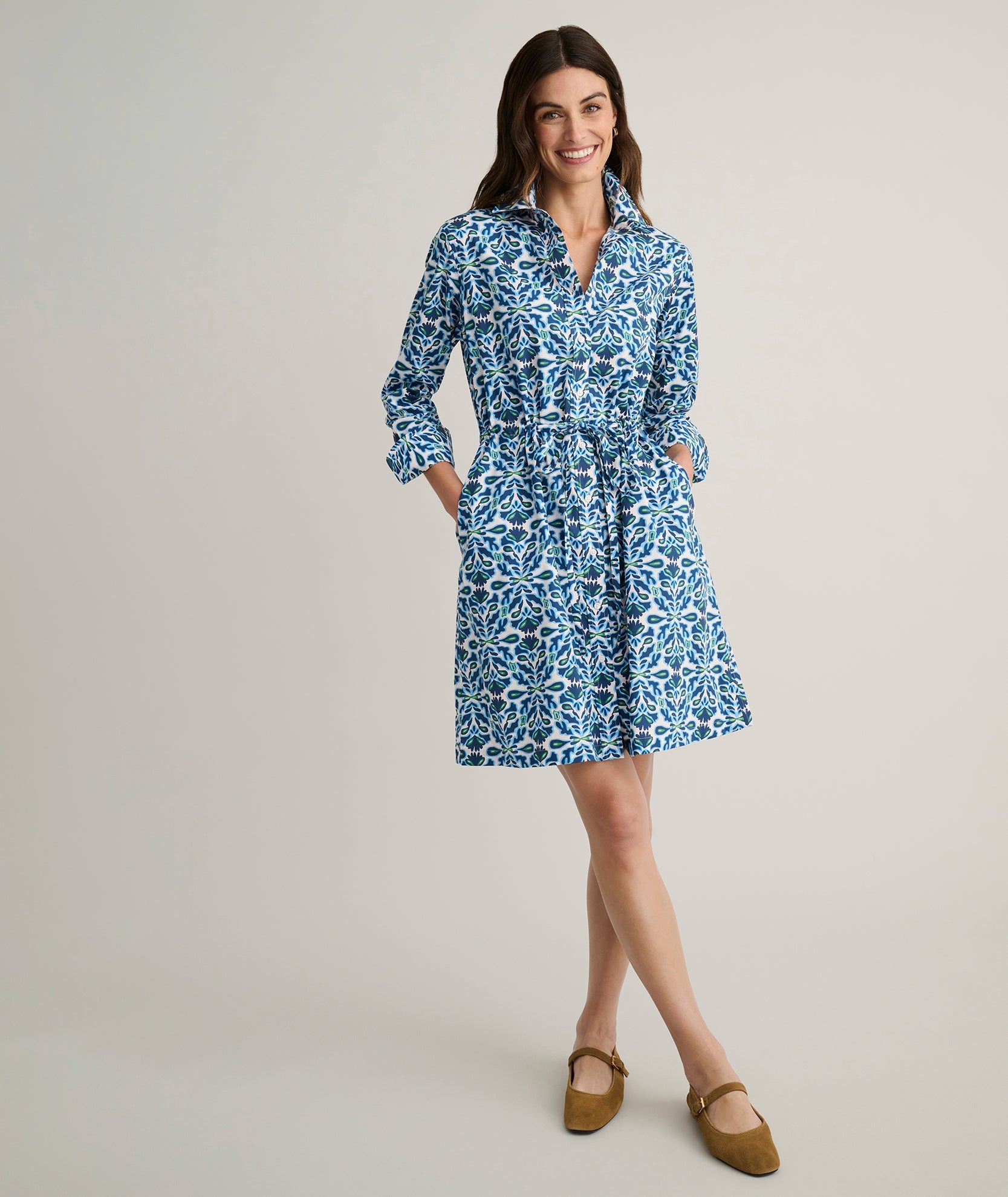 UNTUCKit Stretch Cotton Poplin Taylor Shirtdress Blue Multi