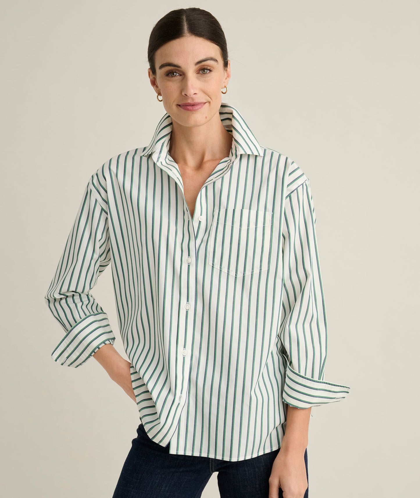 UNTUCKit Wrinkle-Free Relaxed Fit Melanie Shirt White & Green Multi Stripe