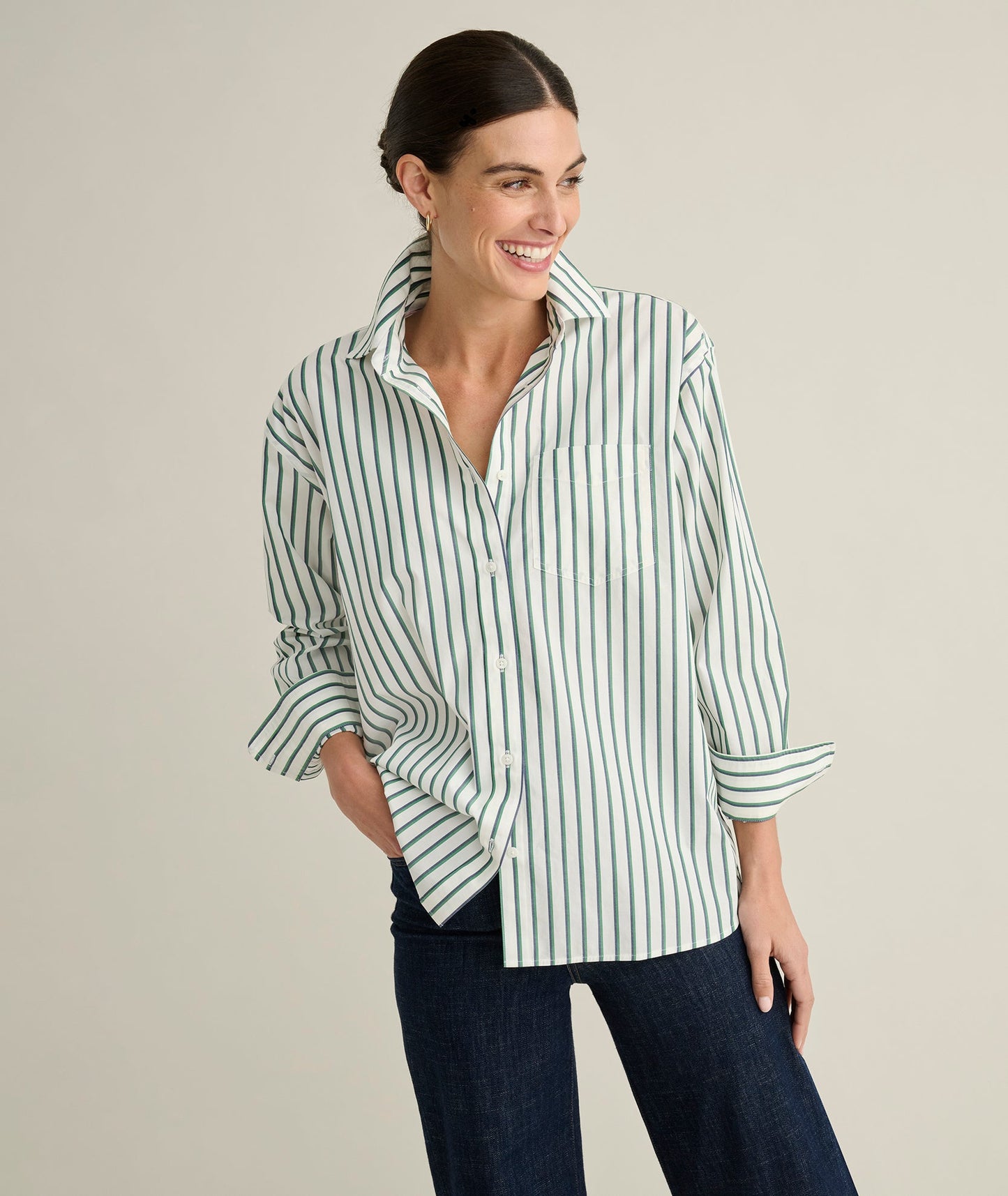 UNTUCKit Wrinkle-Free Relaxed Fit Melanie Shirt White & Green Multi Stripe
