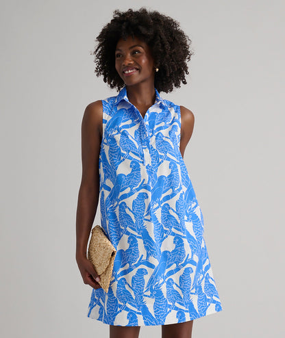UNTUCKit Stretch Cotton Printed Jordan Dress Blue Parrot Print