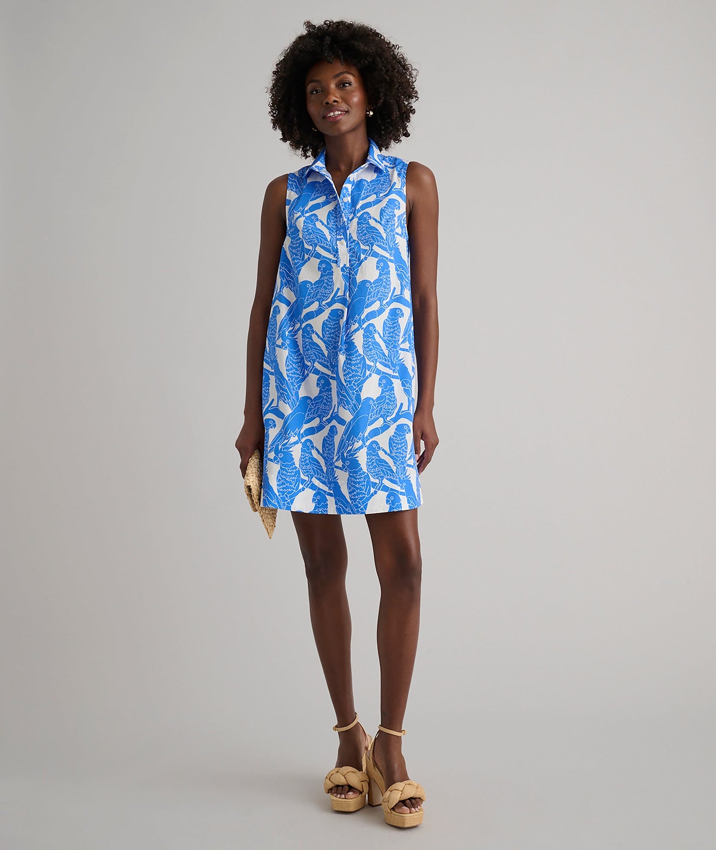 UNTUCKit Stretch Cotton Printed Jordan Dress Blue Parrot Print