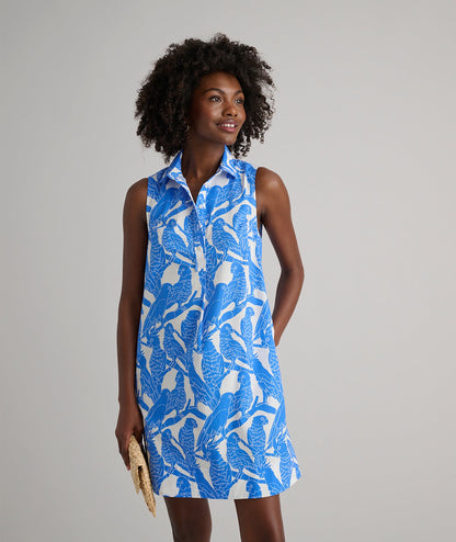 UNTUCKit Stretch Cotton Printed Jordan Dress Blue Parrot Print