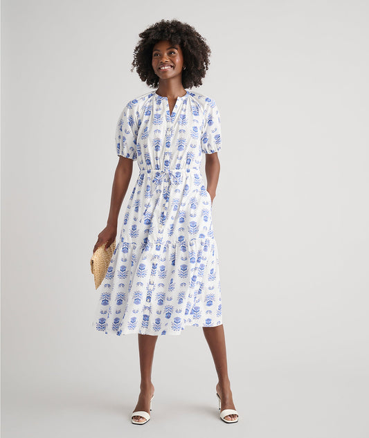 UNTUCKit Stretch Cotton Printed Brigette Midi Dress Blue Block Print