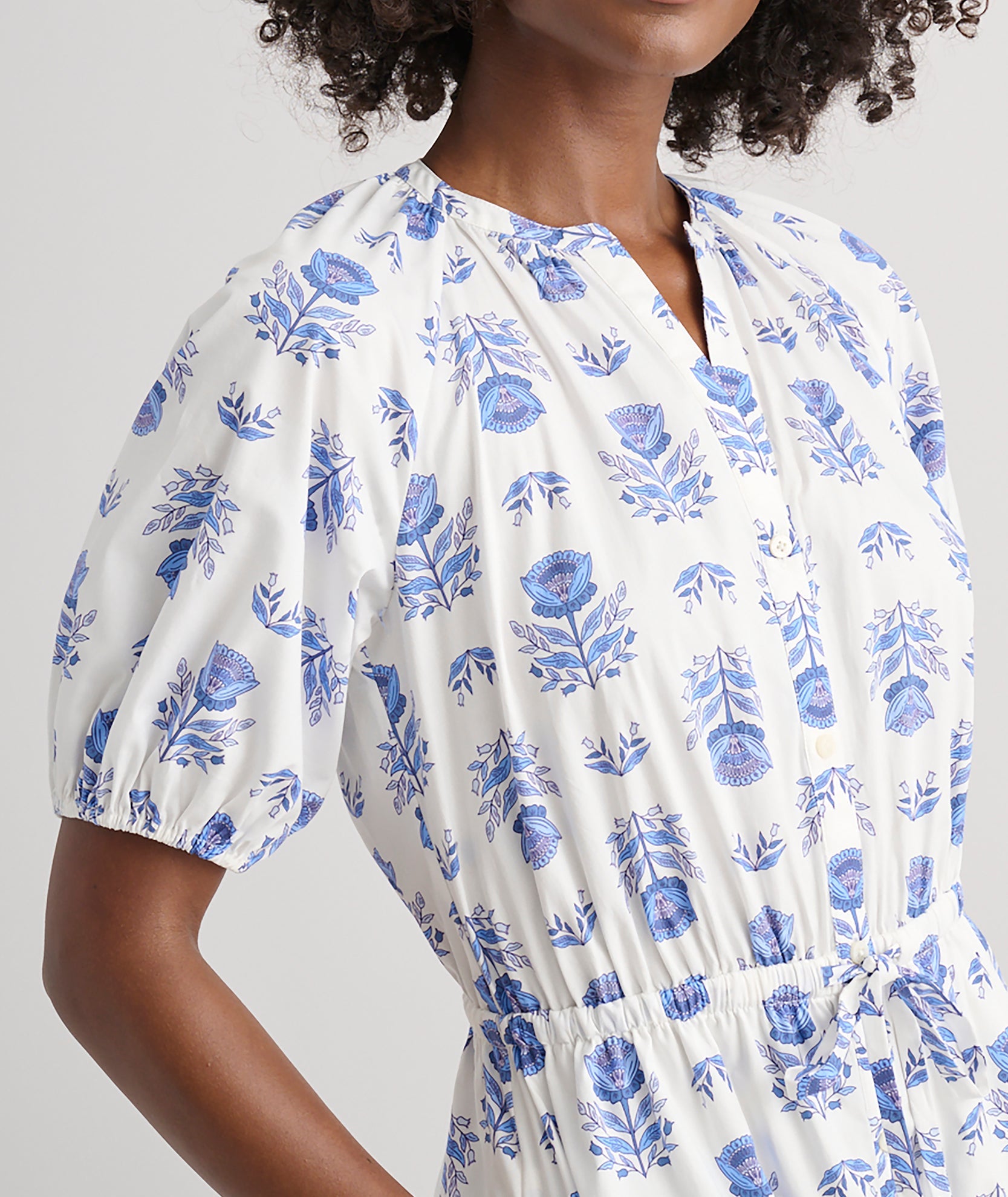 UNTUCKit Stretch Cotton Printed Brigette Midi Dress Blue Block Print