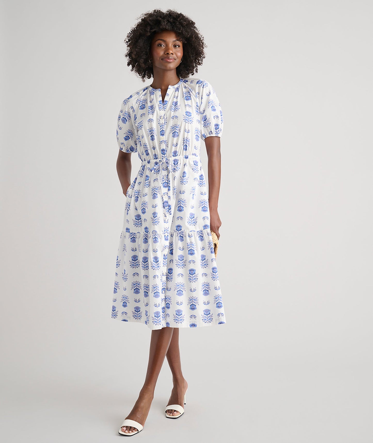 UNTUCKit Stretch Cotton Printed Brigette Midi Dress Blue Block Print