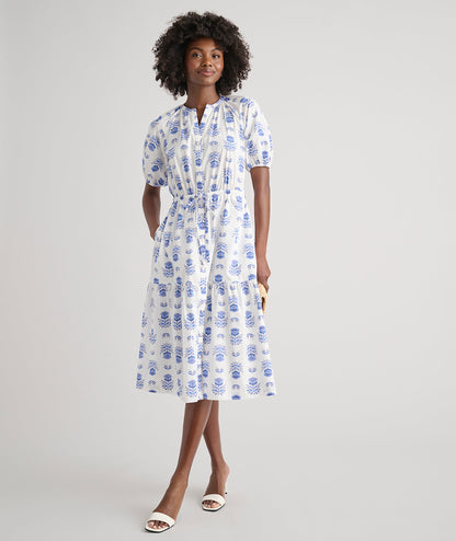 UNTUCKit Stretch Cotton Printed Brigette Midi Dress Blue Block Print