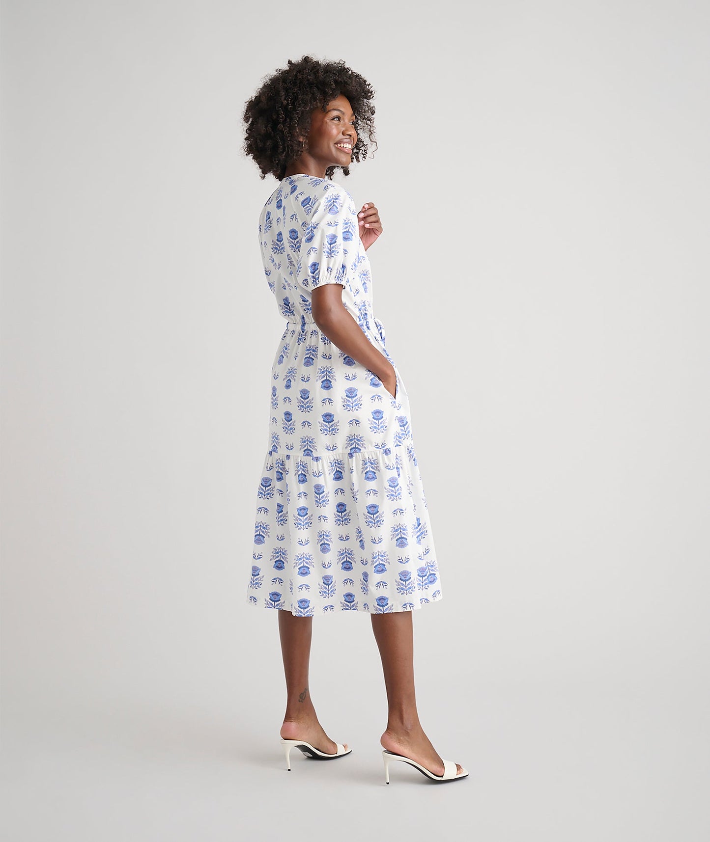 UNTUCKit Stretch Cotton Printed Brigette Midi Dress Blue Block Print