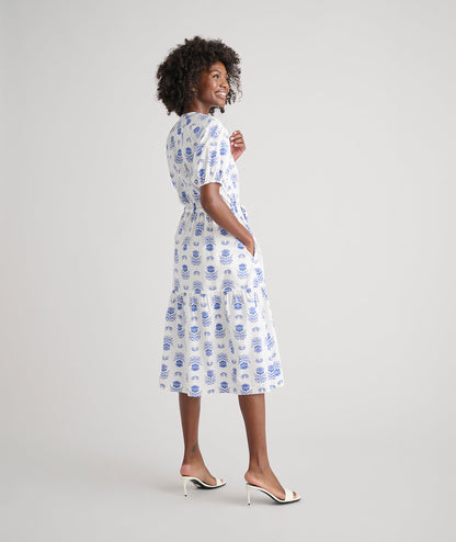 UNTUCKit Stretch Cotton Printed Brigette Midi Dress Blue Block Print