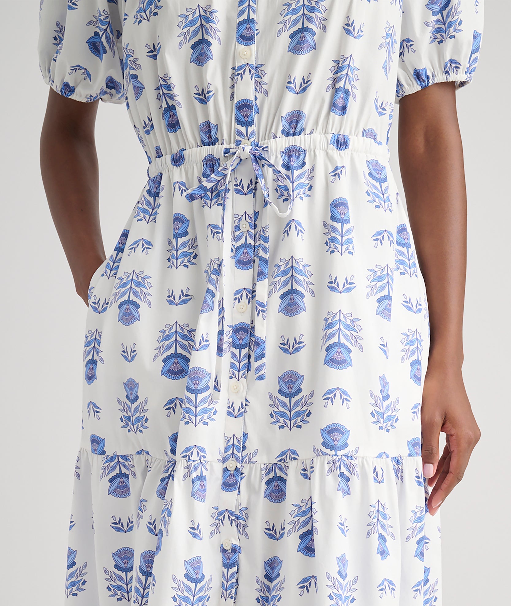 UNTUCKit Stretch Cotton Printed Brigette Midi Dress Blue Block Print
