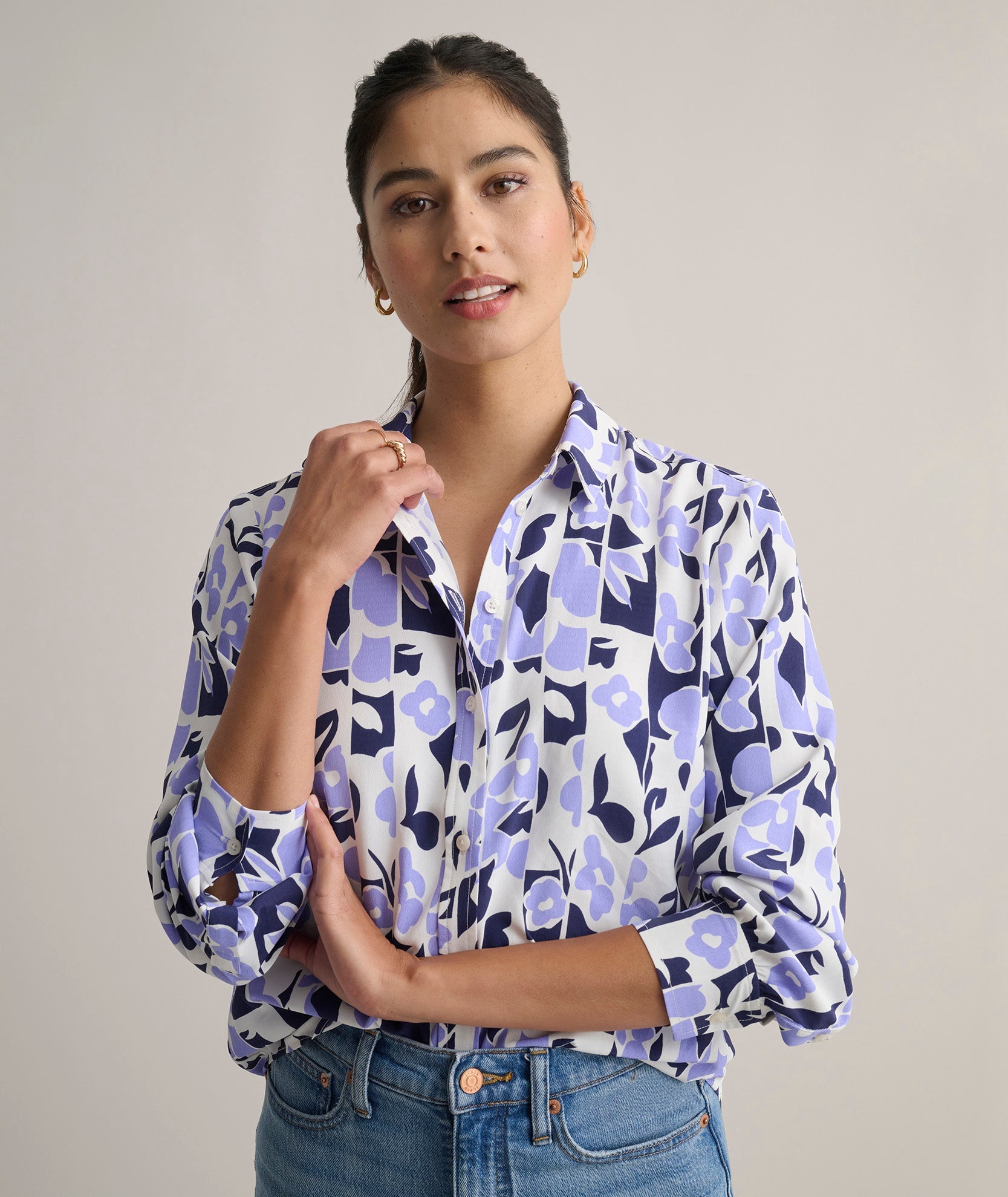 UNTUCKit Floral Print Odette Shirt Periwinkle & White Print