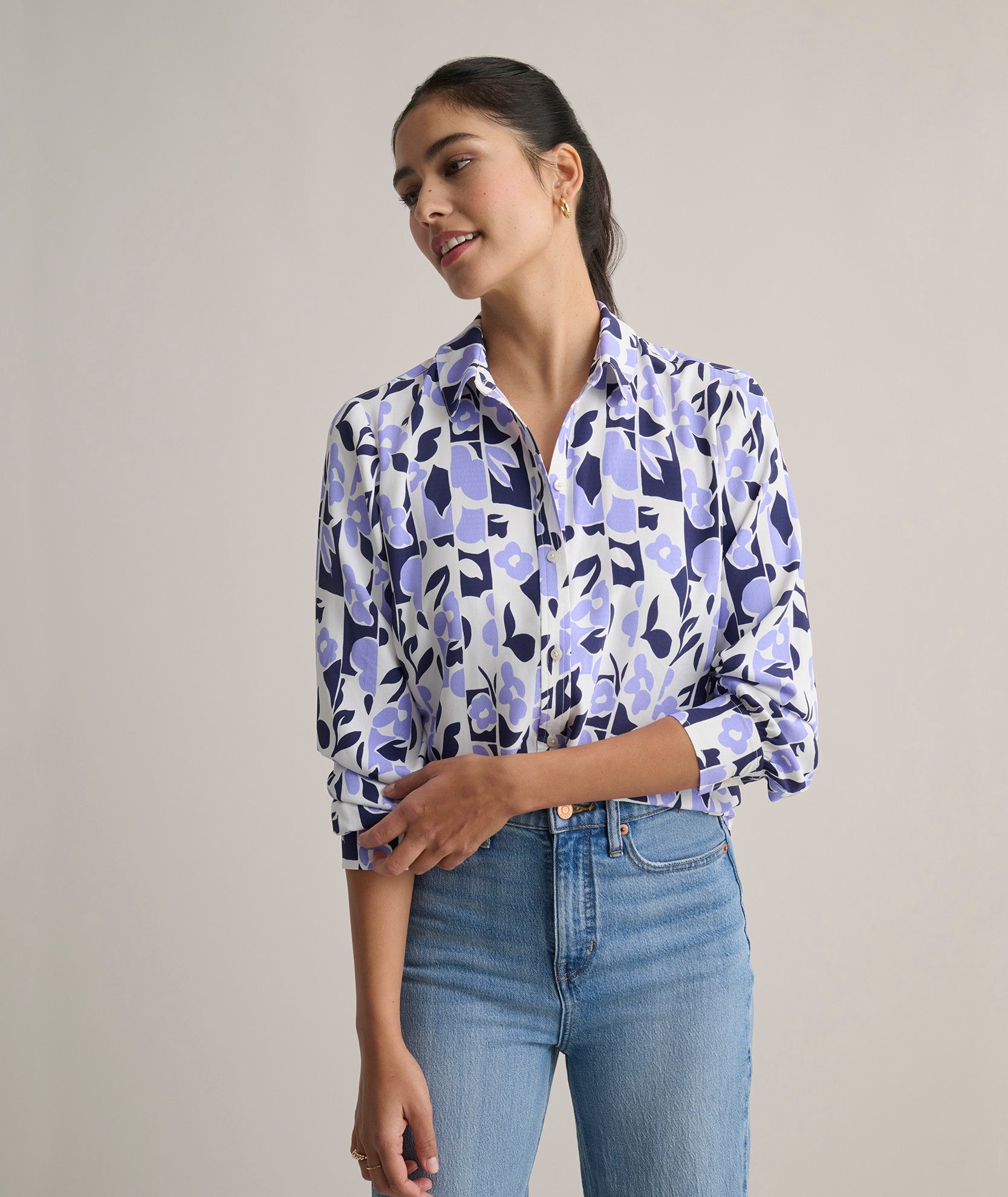 UNTUCKit Floral Print Odette Shirt Periwinkle & White Print