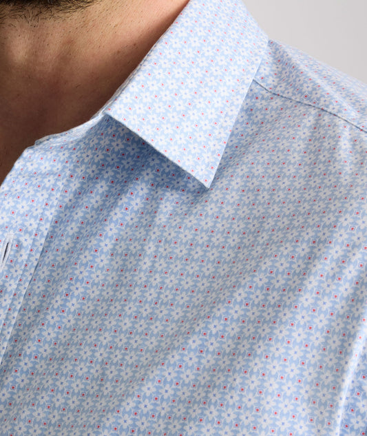 UNTUCKit Stretch Cotton Short-Sleeve Dunbar Shirt Blue & White Diamond Print | Fair Trade Certified