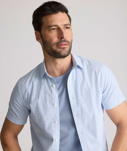 UNTUCKit Stretch Cotton Short-Sleeve Dunbar Shirt Blue & White Diamond Print | Fair Trade Certified