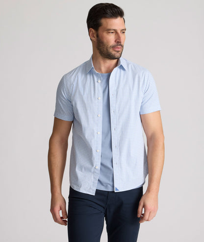 UNTUCKit Stretch Cotton Short-Sleeve Dunbar Shirt Blue & White Diamond Print | Fair Trade Certified